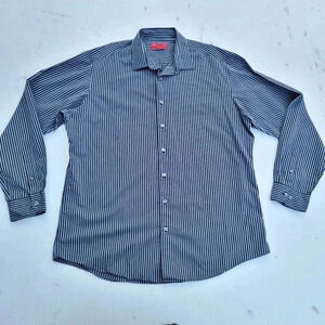 Alfani Men's Fitted Button Up Shirt Gray Black Striped Stretch Easy Care XL 17.5